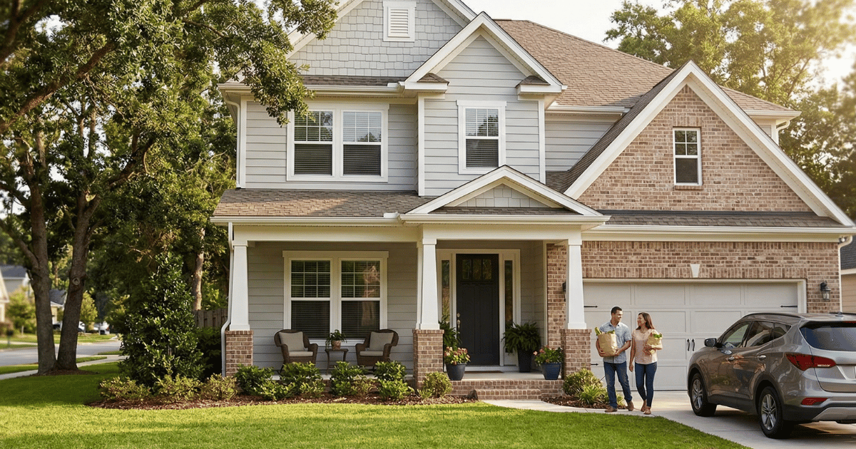 Couple walking in with groceries in front of their home